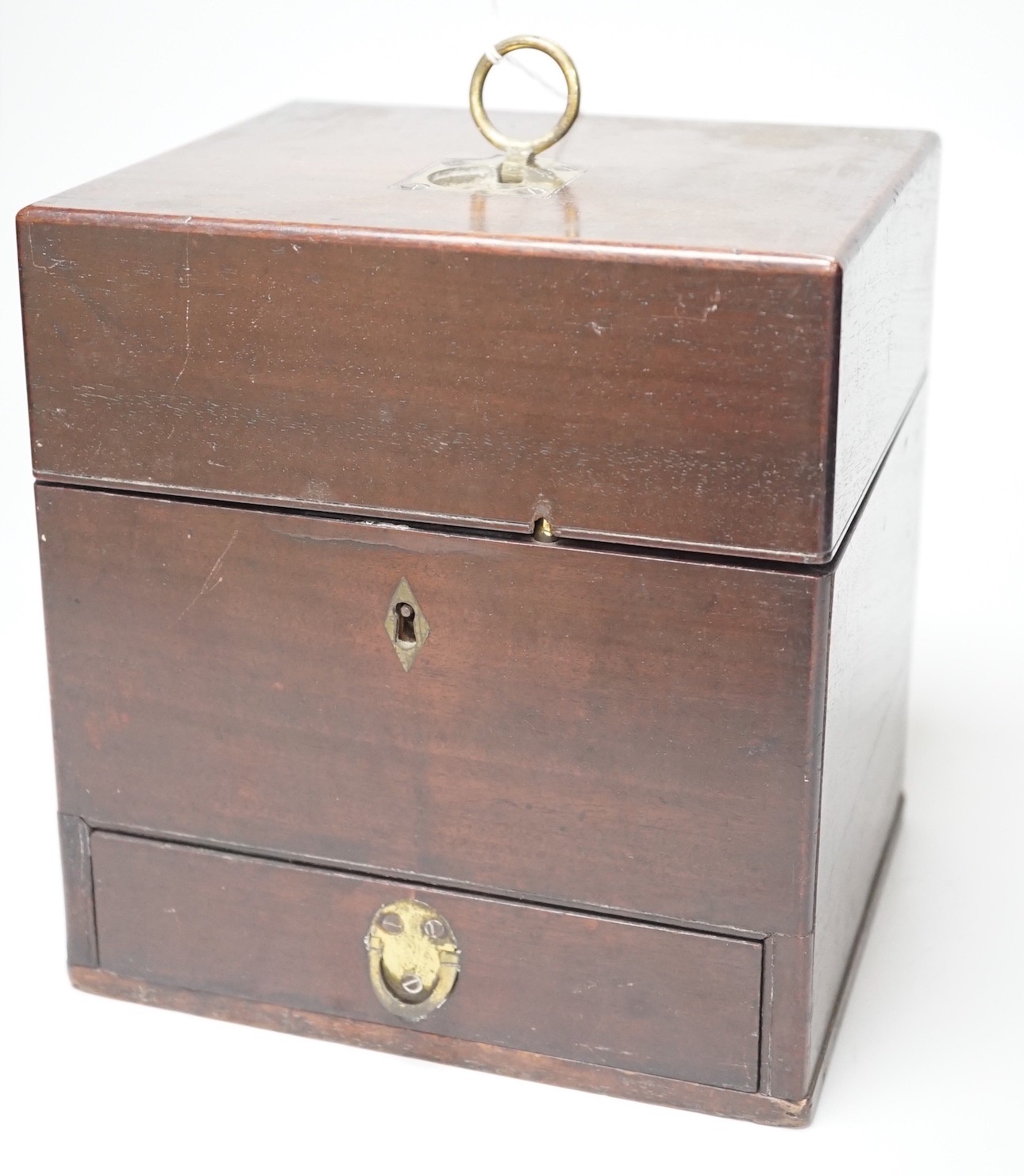 A George III mahogany cased travelling apothecary set with glass flasks, 19cm high